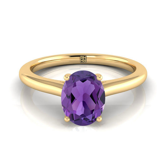 18K Yellow Gold Oval Amethyst Pinched Comfort Fit Claw Prong Solitaire Engagement Ring