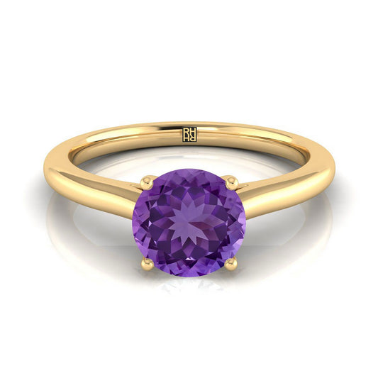 18K Yellow Gold Round Brilliant Amethyst Pinched Comfort Fit Claw Prong Solitaire Engagement Ring