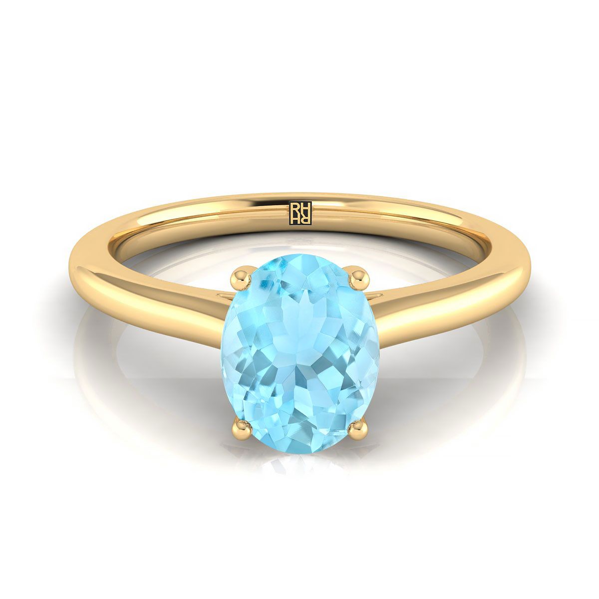 18K Yellow Gold Oval Aquamarine Pinched Comfort Fit Claw Prong Solitaire Engagement Ring