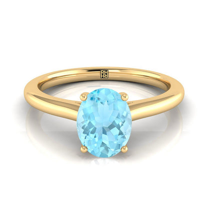 14K Yellow Gold Oval Aquamarine Pinched Comfort Fit Claw Prong Solitaire Engagement Ring