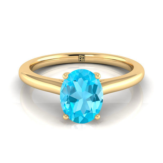 18K Yellow Gold Oval Swiss Blue Topaz Pinched Comfort Fit Claw Prong Solitaire Engagement Ring
