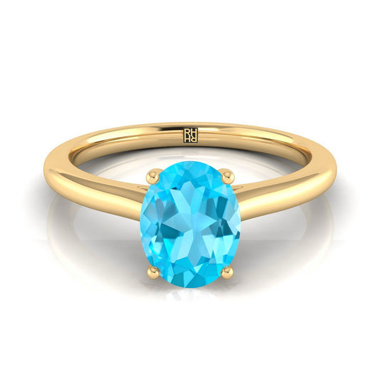18K Yellow Gold Oval Swiss Blue Topaz Pinched Comfort Fit Claw Prong Solitaire Engagement Ring