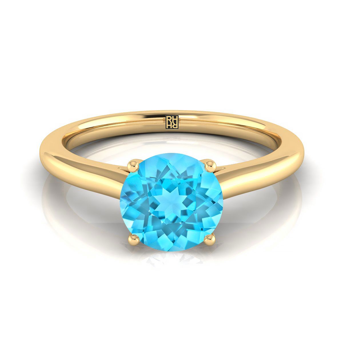 18K Yellow Gold Round Brilliant Swiss Blue Topaz Pinched Comfort Fit Claw Prong Solitaire Engagement Ring