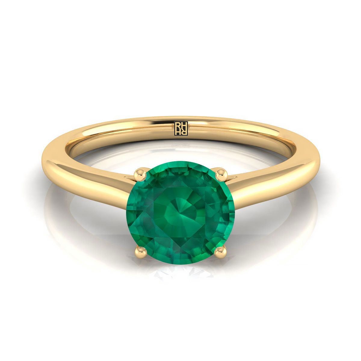 18K Yellow Gold Round Brilliant Emerald Pinched Comfort Fit Claw Prong Solitaire Engagement Ring
