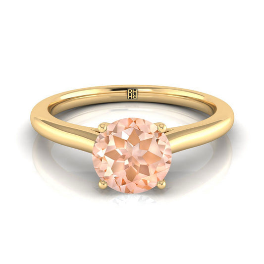 18K Yellow Gold Round Brilliant Morganite Pinched Comfort Fit Claw Prong Solitaire Engagement Ring