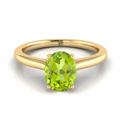 18K Yellow Gold Oval Peridot Pinched Comfort Fit Claw Prong Solitaire Engagement Ring