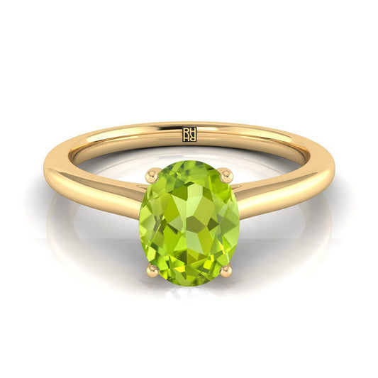 14K Yellow Gold Oval Peridot Pinched Comfort Fit Claw Prong Solitaire Engagement Ring
