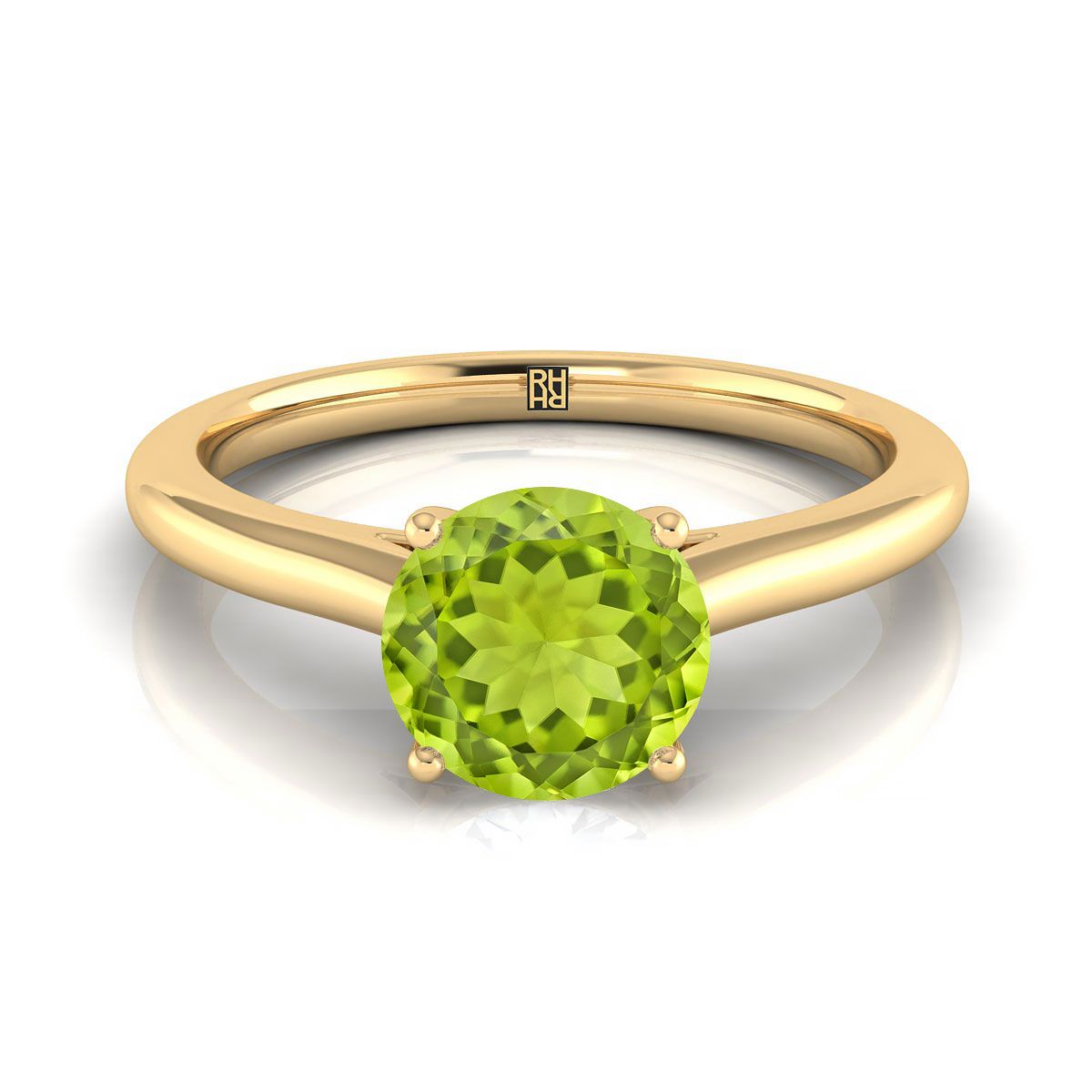 18K Yellow Gold Round Brilliant Peridot Pinched Comfort Fit Claw Prong Solitaire Engagement Ring