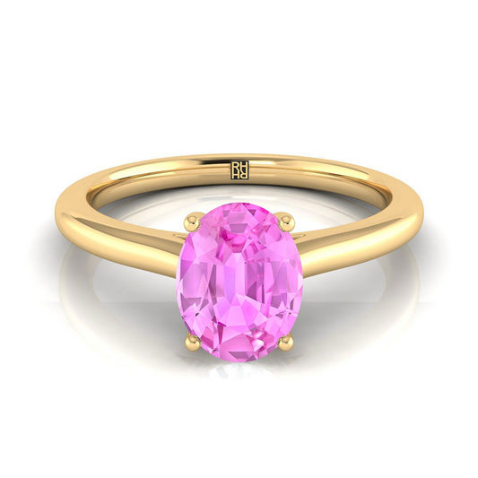 18K Yellow Gold Oval Pink Sapphire Pinched Comfort Fit Claw Prong Solitaire Engagement Ring