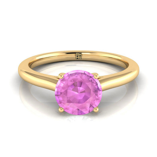 18K Yellow Gold Round Brilliant Pink Sapphire Pinched Comfort Fit Claw Prong Solitaire Engagement Ring