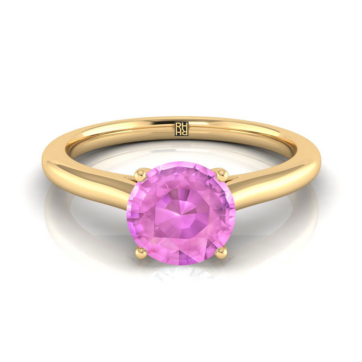 14K Yellow Gold Round Brilliant Pink Sapphire Pinched Comfort Fit Claw Prong Solitaire Engagement Ring