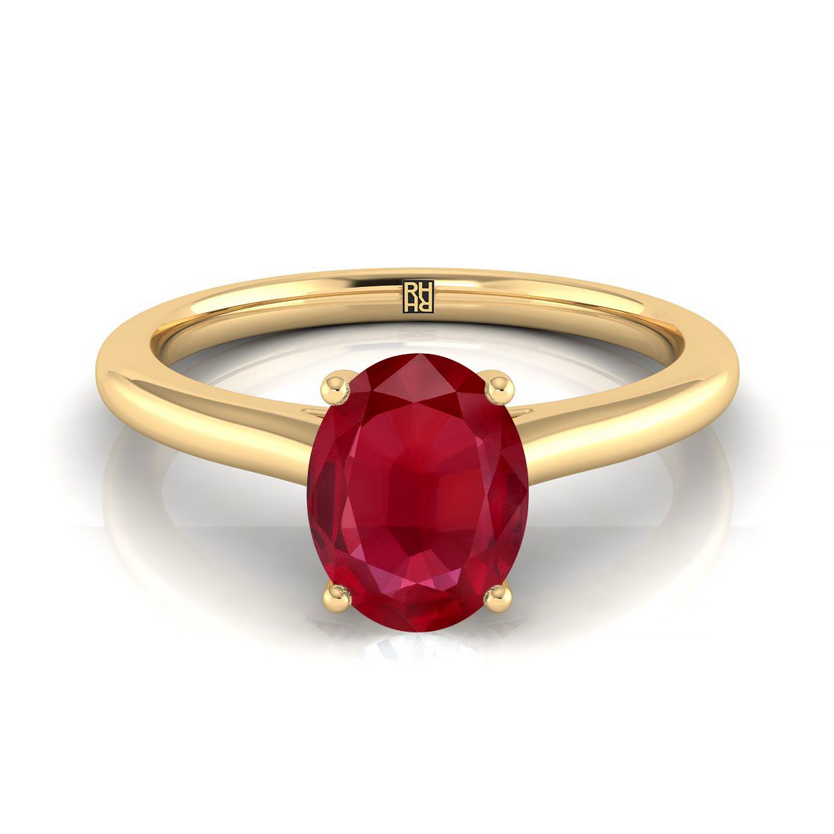 18K Yellow Gold Oval Ruby Pinched Comfort Fit Claw Prong Solitaire Engagement Ring