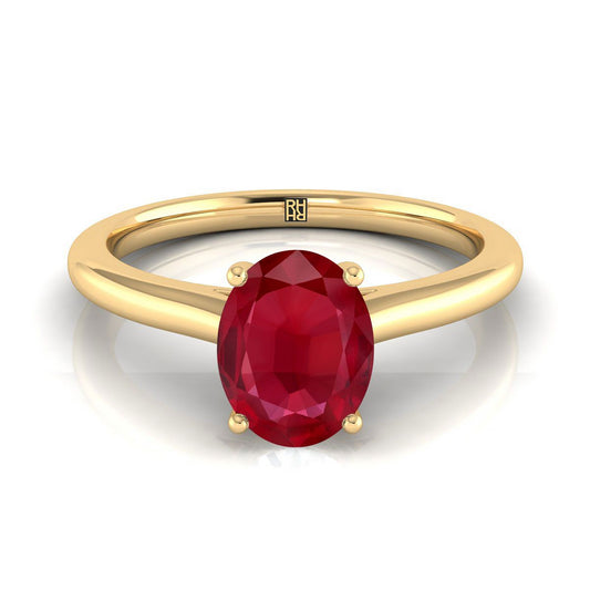 18K Yellow Gold Oval Ruby Pinched Comfort Fit Claw Prong Solitaire Engagement Ring