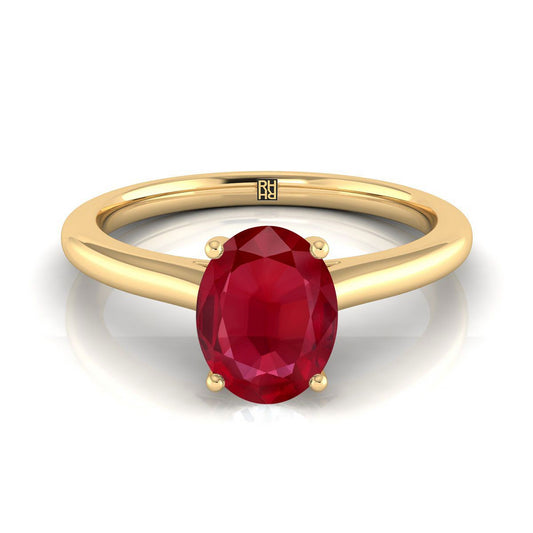 14K Yellow Gold Oval Ruby Pinched Comfort Fit Claw Prong Solitaire Engagement Ring