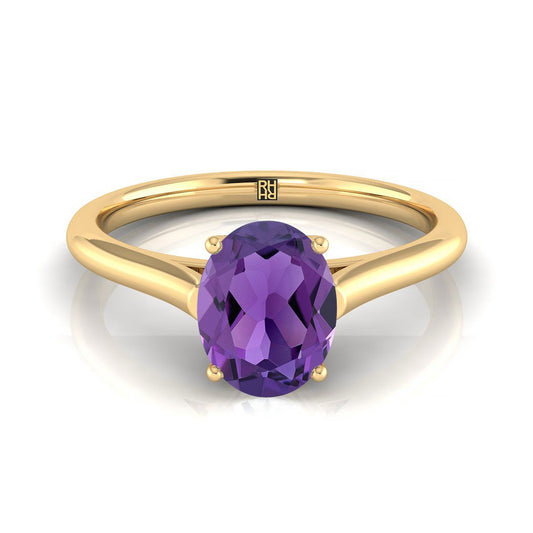 14K Yellow Gold Oval Amethyst Cathedral Style Comfort Fit Solitaire Engagement Ring