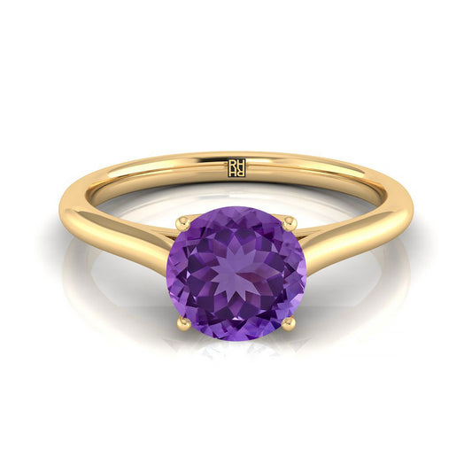 18K Yellow Gold Round Brilliant Amethyst Cathedral Style Comfort Fit Solitaire Engagement Ring