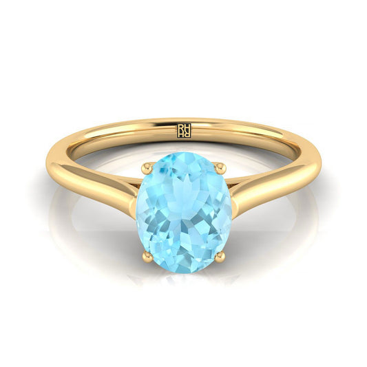 14K Yellow Gold Oval Aquamarine Cathedral Style Comfort Fit Solitaire Engagement Ring