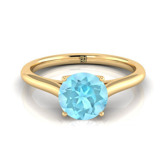 18K Yellow Gold Round Brilliant Aquamarine Cathedral Style Comfort Fit Solitaire Engagement Ring