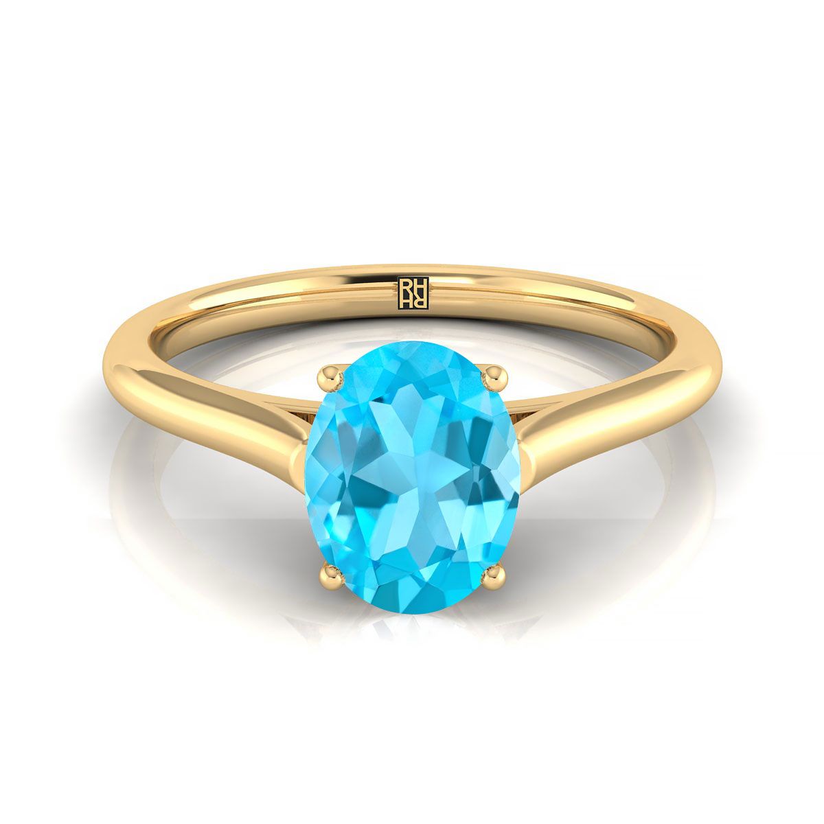 18K Yellow Gold Oval Swiss Blue Topaz Cathedral Style Comfort Fit Solitaire Engagement Ring