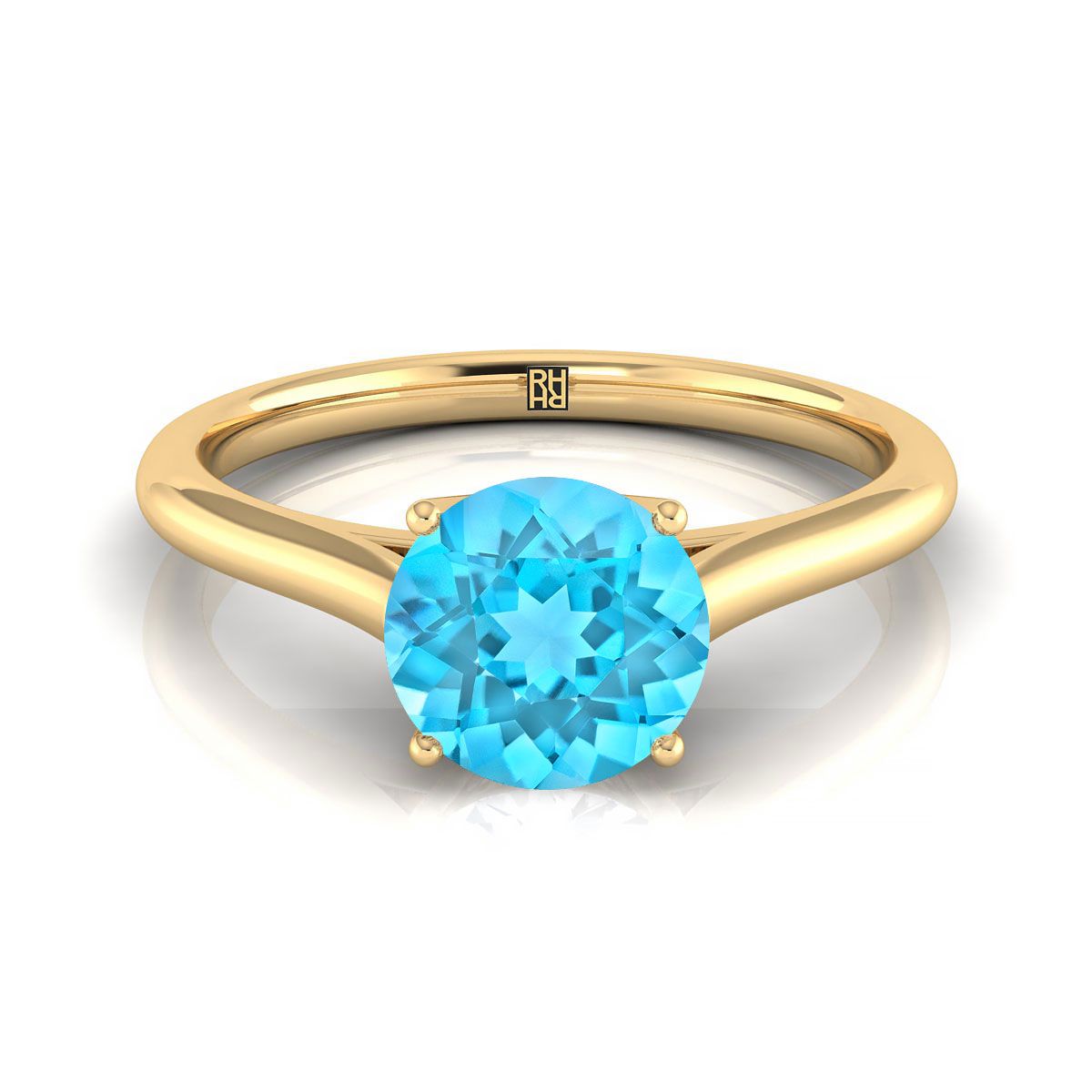 18K Yellow Gold Round Brilliant Swiss Blue Topaz Cathedral Style Comfort Fit Solitaire Engagement Ring