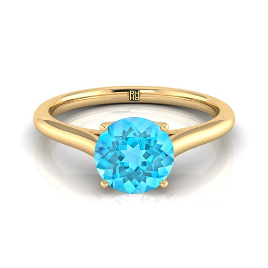 14K Yellow Gold Round Brilliant Swiss Blue Topaz Cathedral Style Comfort Fit Solitaire Engagement Ring