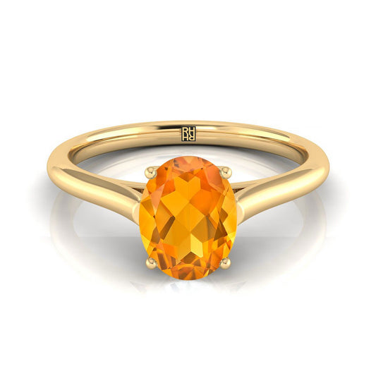 14K Yellow Gold Oval Citrine Cathedral Style Comfort Fit Solitaire Engagement Ring