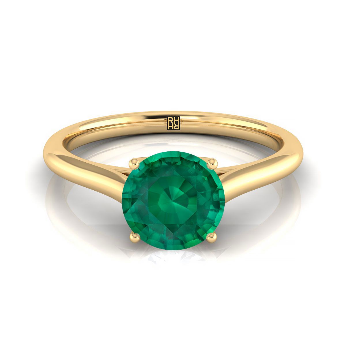 18K Yellow Gold Round Brilliant Emerald Cathedral Style Comfort Fit Solitaire Engagement Ring