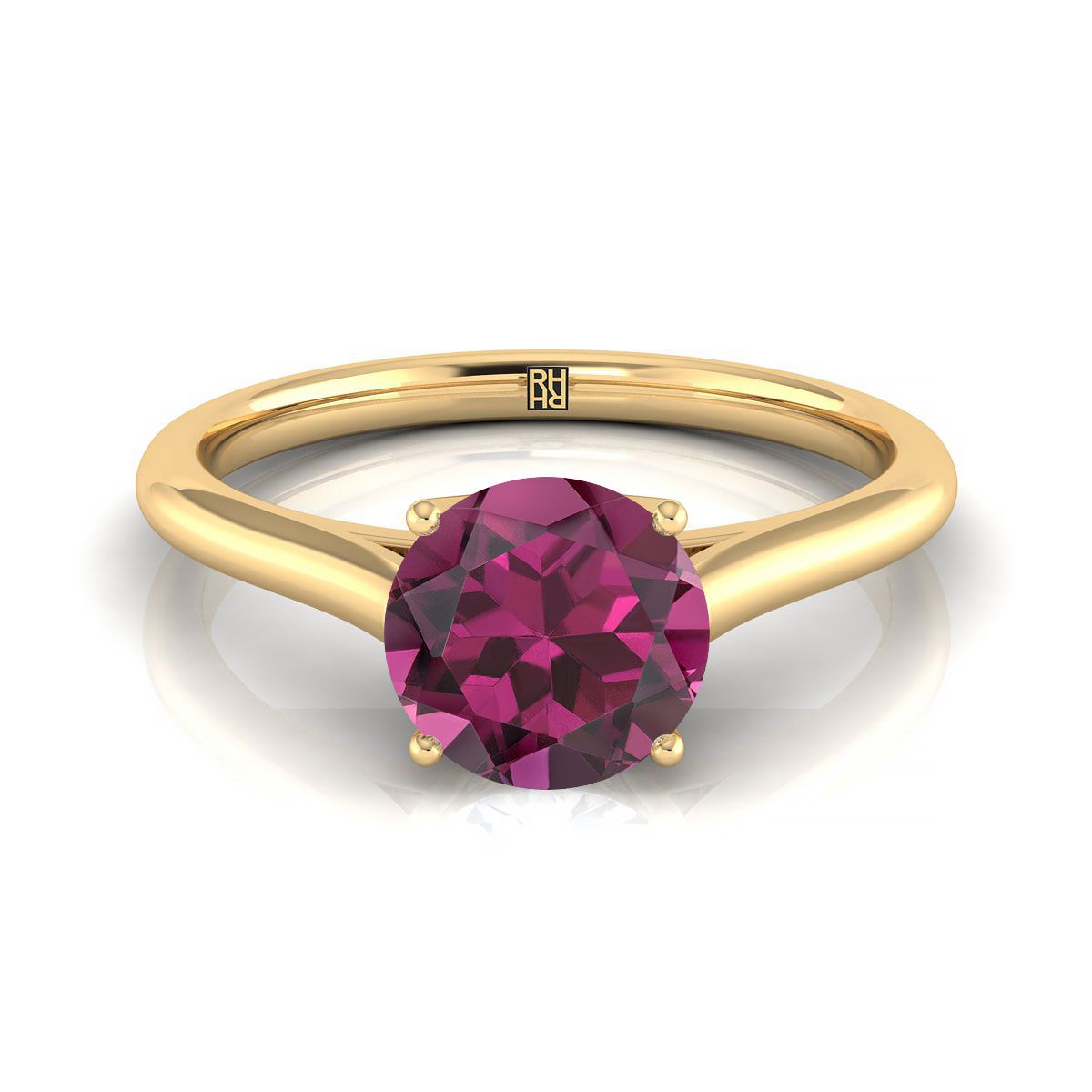 18K Yellow Gold Round Brilliant Garnet Cathedral Style Comfort Fit Solitaire Engagement Ring
