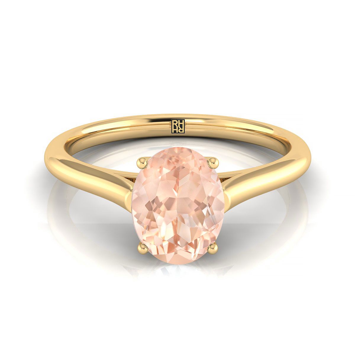 14K Yellow Gold Oval Morganite Cathedral Style Comfort Fit Solitaire Engagement Ring