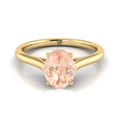 18K Yellow Gold Oval Morganite Cathedral Style Comfort Fit Solitaire Engagement Ring
