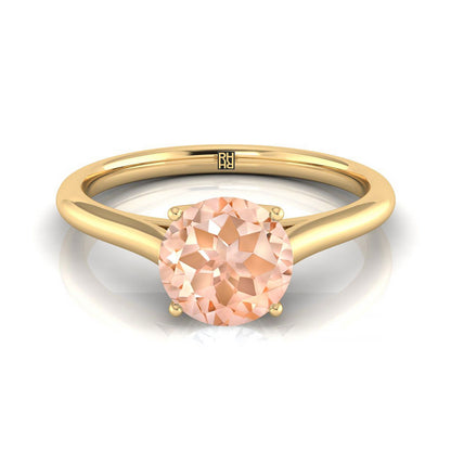 18K Yellow Gold Round Brilliant Morganite Cathedral Style Comfort Fit Solitaire Engagement Ring