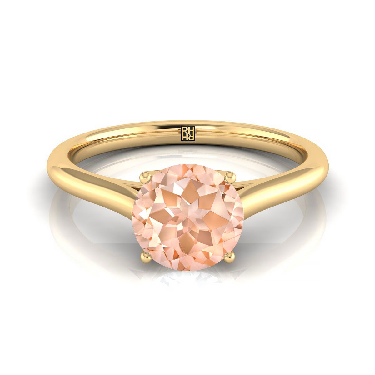 18K Yellow Gold Round Brilliant Morganite Cathedral Style Comfort Fit Solitaire Engagement Ring