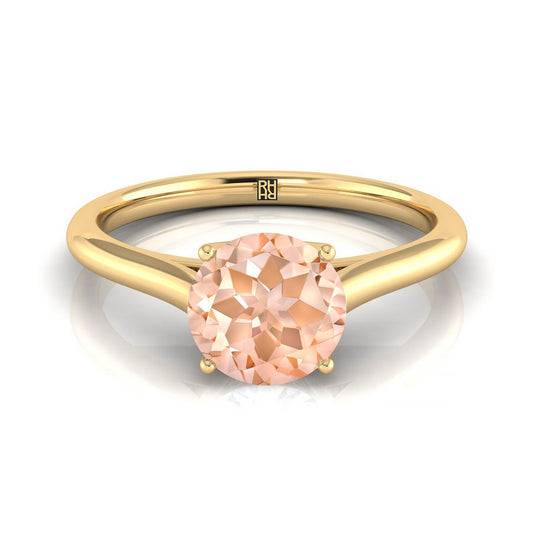 18K Yellow Gold Round Brilliant Morganite Cathedral Style Comfort Fit Solitaire Engagement Ring