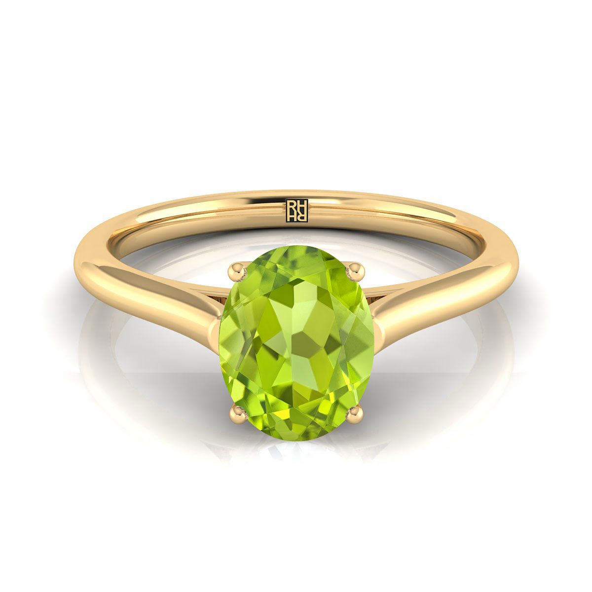 18K Yellow Gold Oval Peridot Cathedral Style Comfort Fit Solitaire Engagement Ring