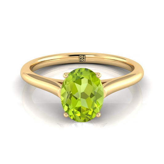 18K Yellow Gold Oval Peridot Cathedral Style Comfort Fit Solitaire Engagement Ring