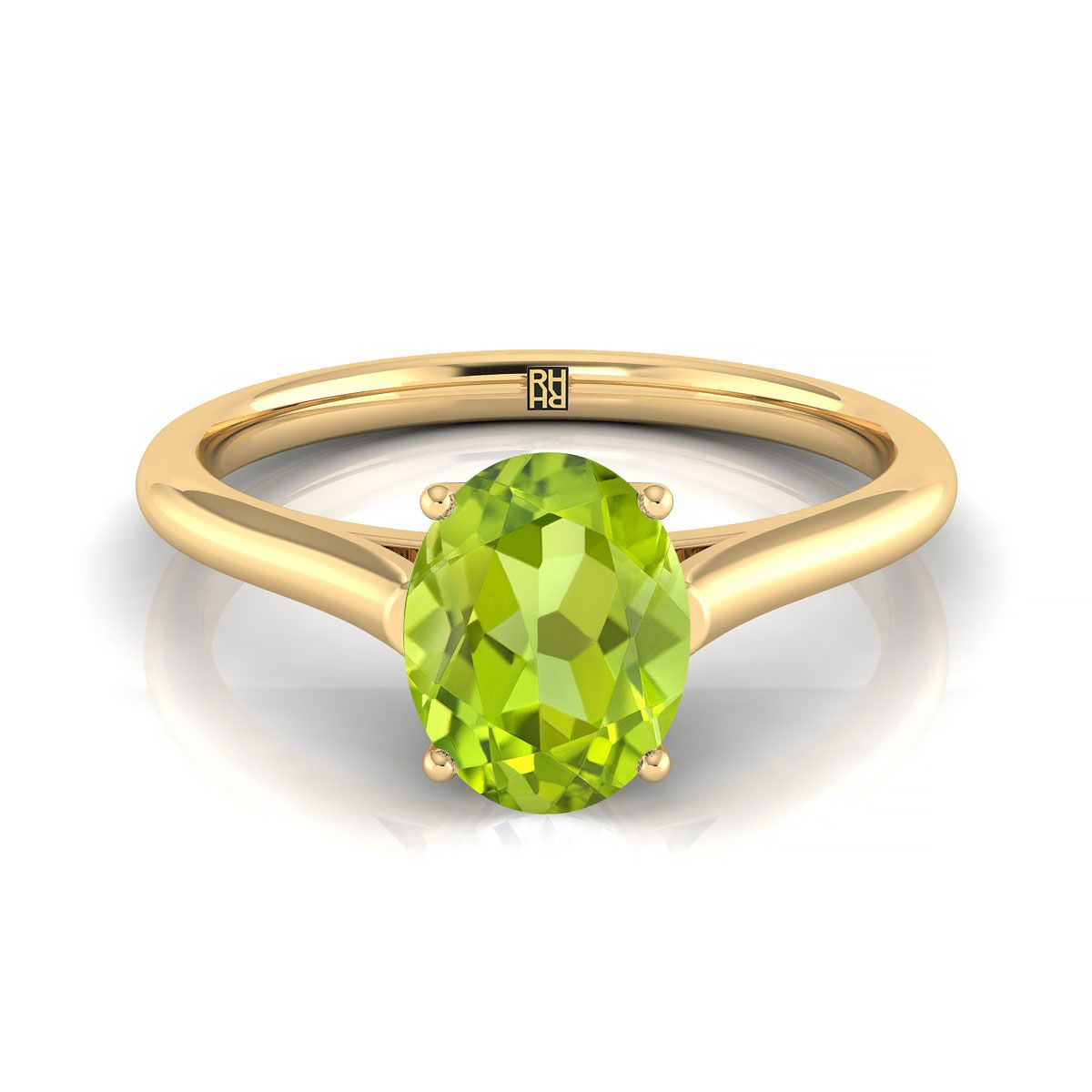 14K Yellow Gold Oval Peridot Cathedral Style Comfort Fit Solitaire