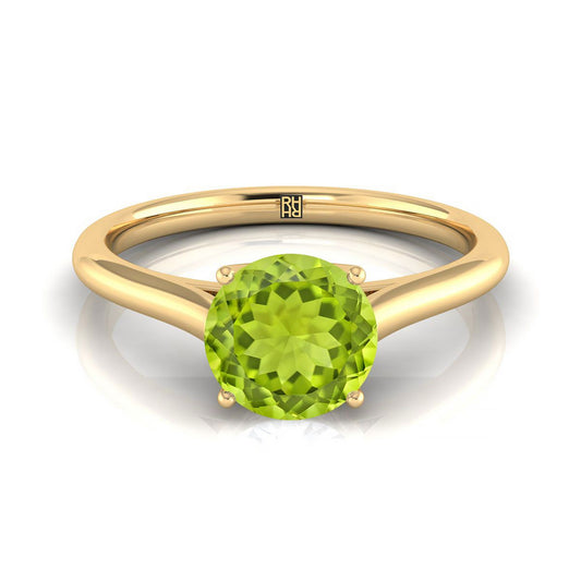 18K Yellow Gold Round Brilliant Peridot Cathedral Style Comfort Fit Solitaire Engagement Ring