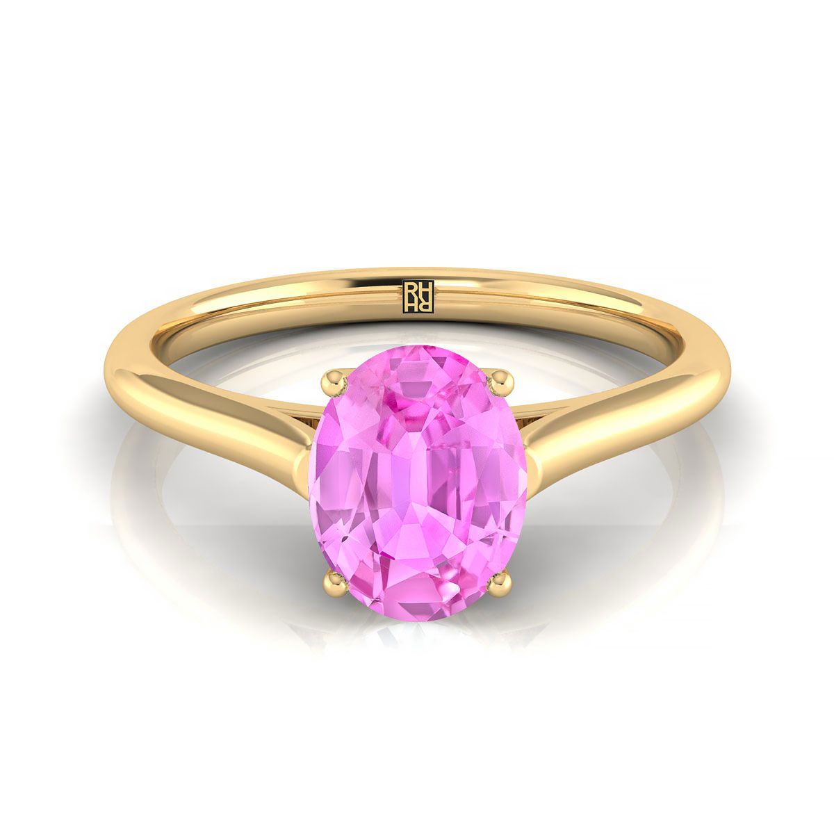 18K Yellow Gold Oval Pink Sapphire Cathedral Style Comfort Fit Solitaire Engagement Ring