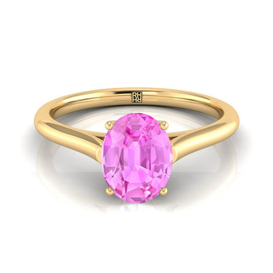 18K Yellow Gold Oval Pink Sapphire Cathedral Style Comfort Fit Solitaire Engagement Ring