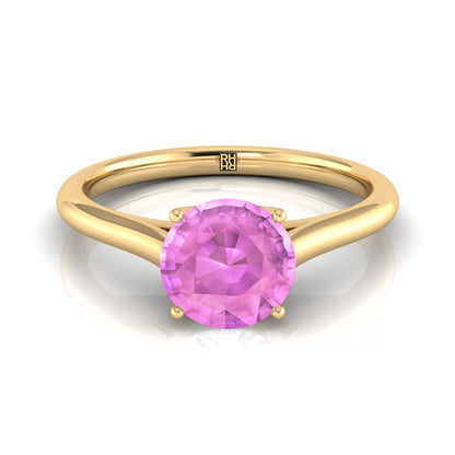 18K Yellow Gold Round Brilliant Pink Sapphire Cathedral Style Comfort Fit Solitaire Engagement Ring