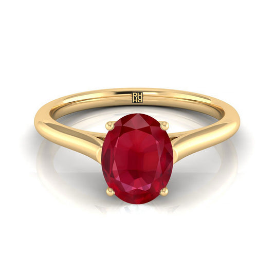 18K Yellow Gold Oval Ruby Cathedral Style Comfort Fit Solitaire Engagement Ring