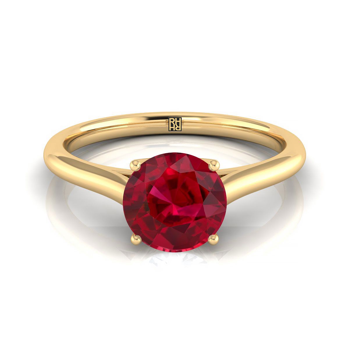 18K Yellow Gold Round Brilliant Ruby Cathedral Style Comfort Fit Solitaire Engagement Ring