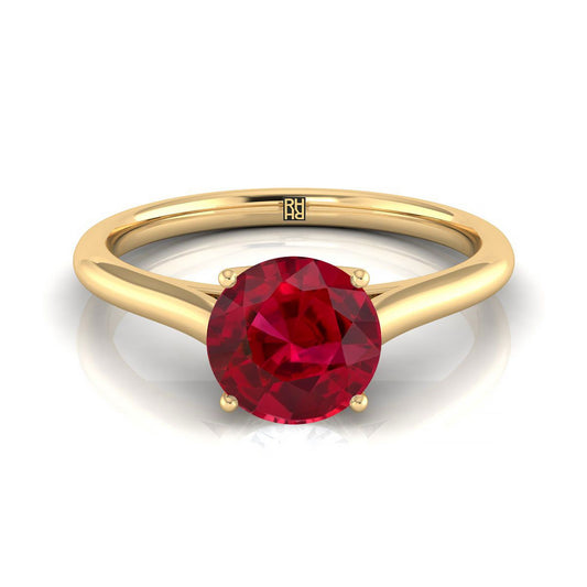 18K Yellow Gold Round Brilliant Ruby Cathedral Style Comfort Fit Solitaire Engagement Ring