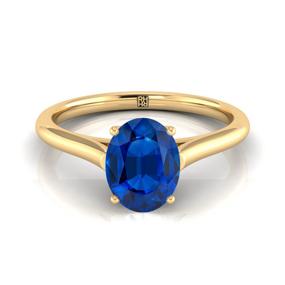14K Yellow Gold Oval Sapphire Cathedral Style Comfort Fit Solitaire Engagement Ring