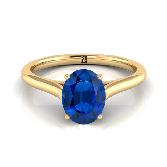 18K Yellow Gold Oval Sapphire Cathedral Style Comfort Fit Solitaire Engagement Ring