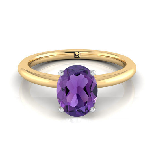 14K Yellow Gold Oval Amethyst Round Comfort Fit Claw Prong Solitaire Engagement Ring