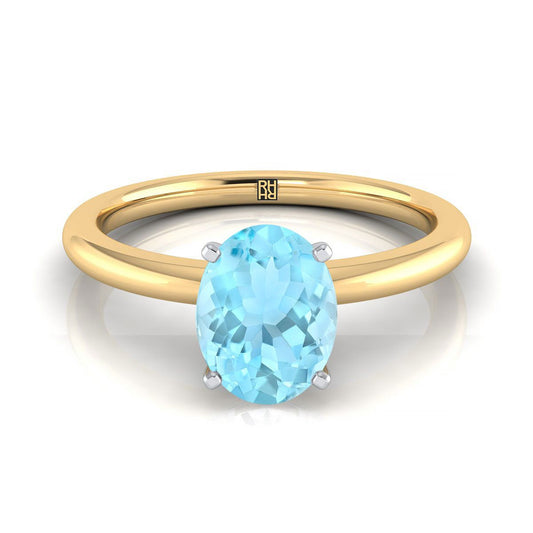 18K Yellow Gold Oval Aquamarine Round Comfort Fit Claw Prong Solitaire Engagement Ring