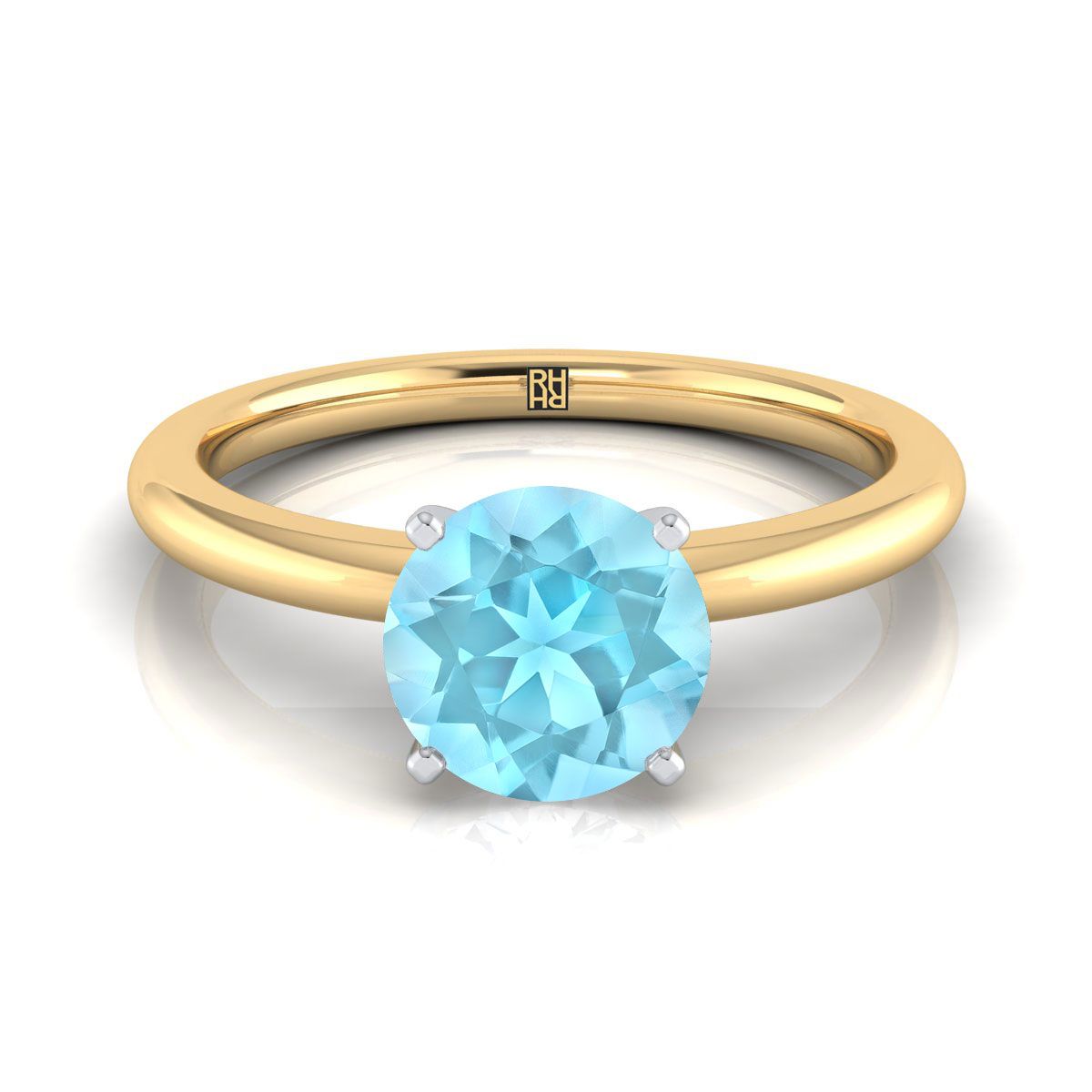 14K Yellow Gold Round Brilliant Aquamarine Round Comfort Fit Claw Prong Solitaire Engagement Ring