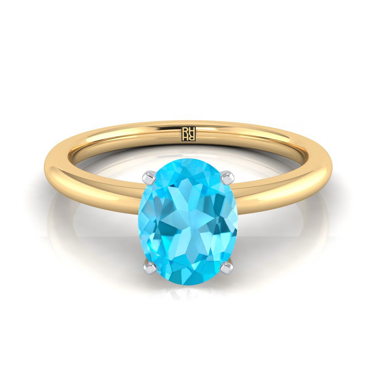 18K Yellow Gold Oval Swiss Blue Topaz Round Comfort Fit Claw Prong Solitaire Engagement Ring