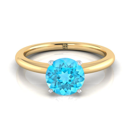 18K Yellow Gold Round Brilliant Swiss Blue Topaz Round Comfort Fit Claw Prong Solitaire Engagement Ring